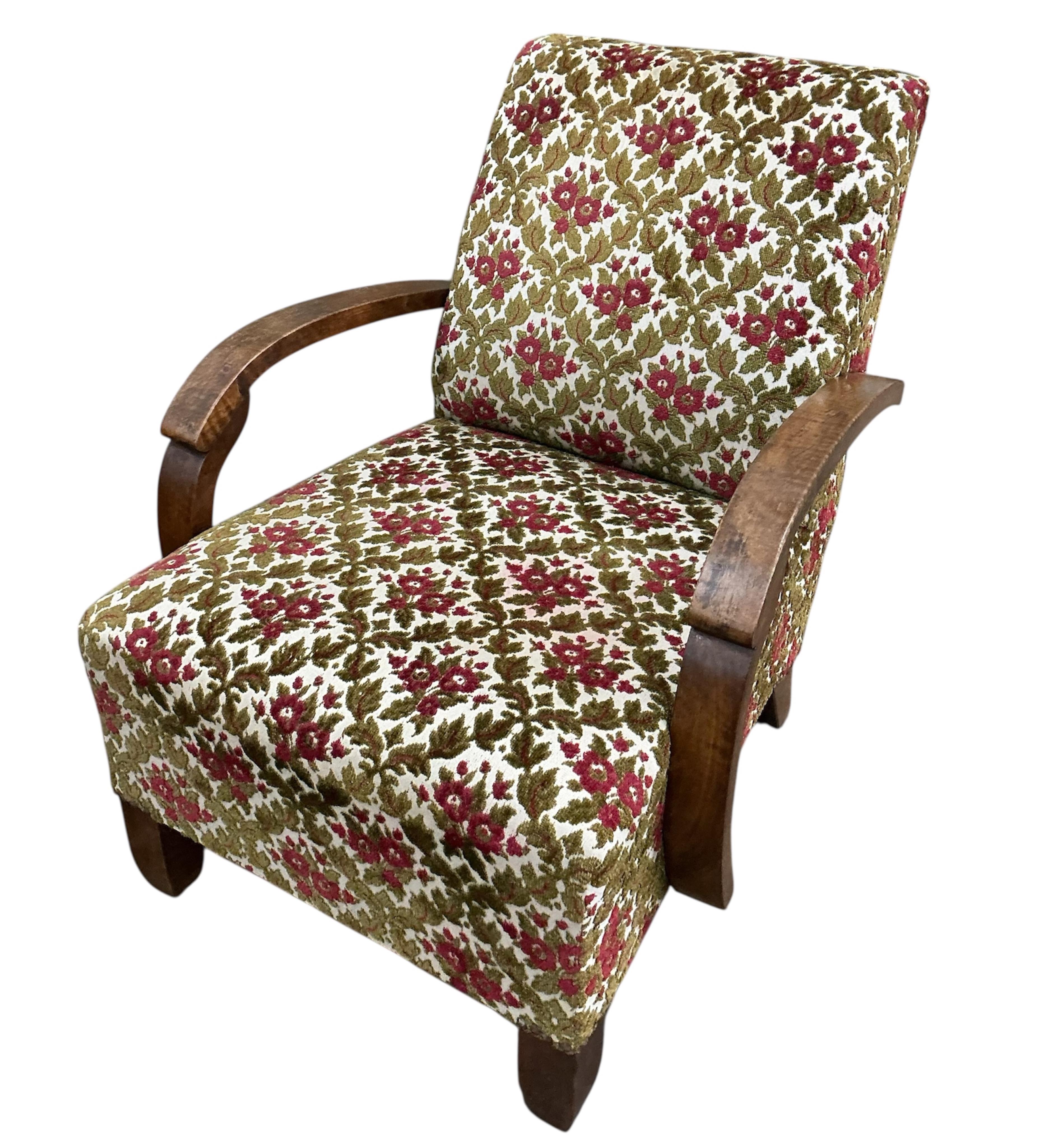 A pair of French Art Deco walnut armchairs, width 65cm, depth 74cm, height 80cm